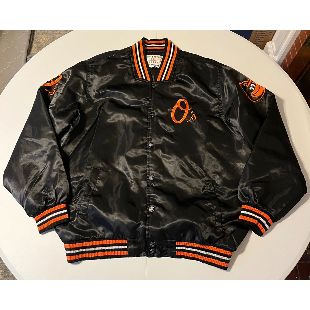 VTG Y2K Baltimore Orioles Satin Bomber Jacket Men's 3XL Black‎ Orange MLB